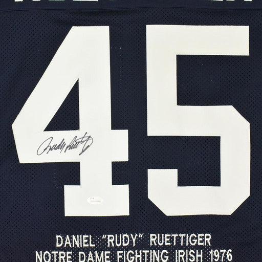 Rudy Ruettiger Signed Notre Dame College Blue Stats Football Jersey (JSA) - RSA