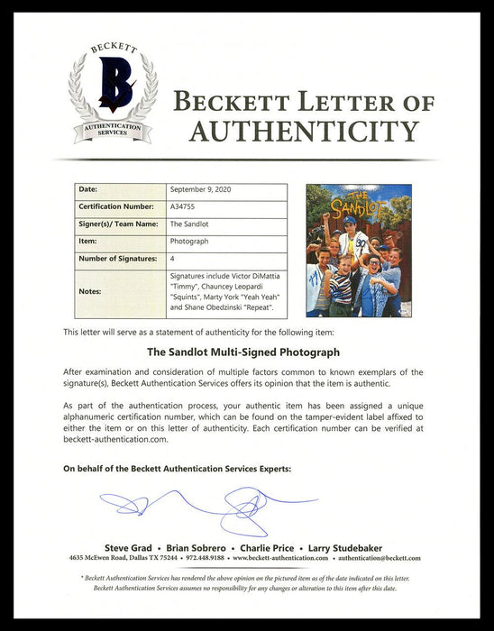 The Sandlot Autographed 11x14 Photo With 4 Signatures Beckett BAS Stock #181317 - RSA