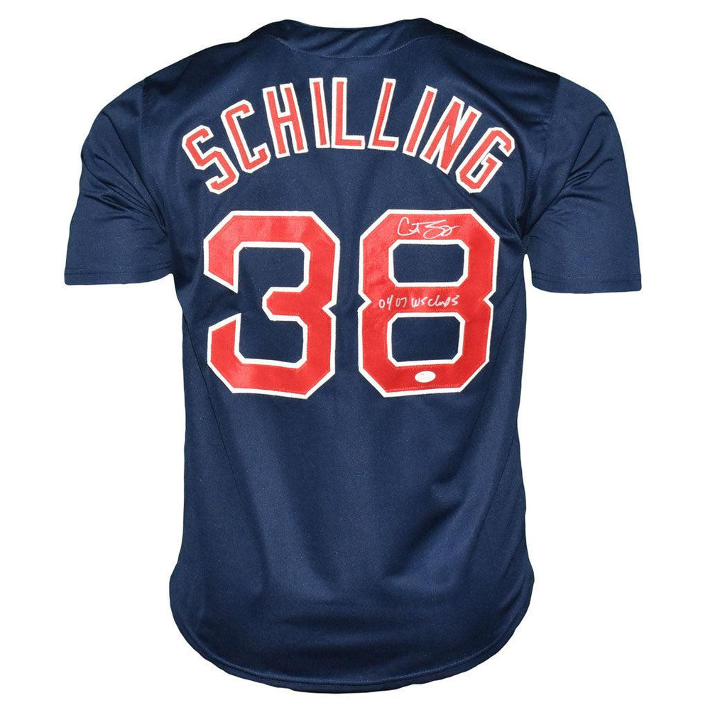 Curt Schilling Signed 04/07 WS Champs Inscription Boston Blue Baseball Jersey (JSA) - RSA