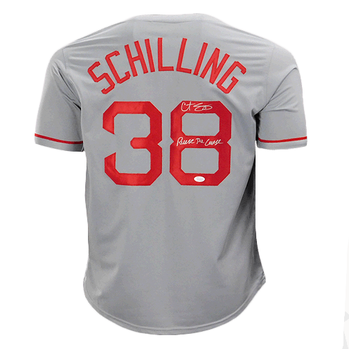 Curt Schilling Signed Reverse The Curse Boston Grey Baseball Jersey (JSA) - RSA