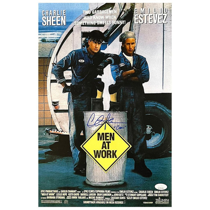 Charlie Sheen Signed "Carl" Inscription Men at Work Movie 11x17 Photo (JSA) - RSA