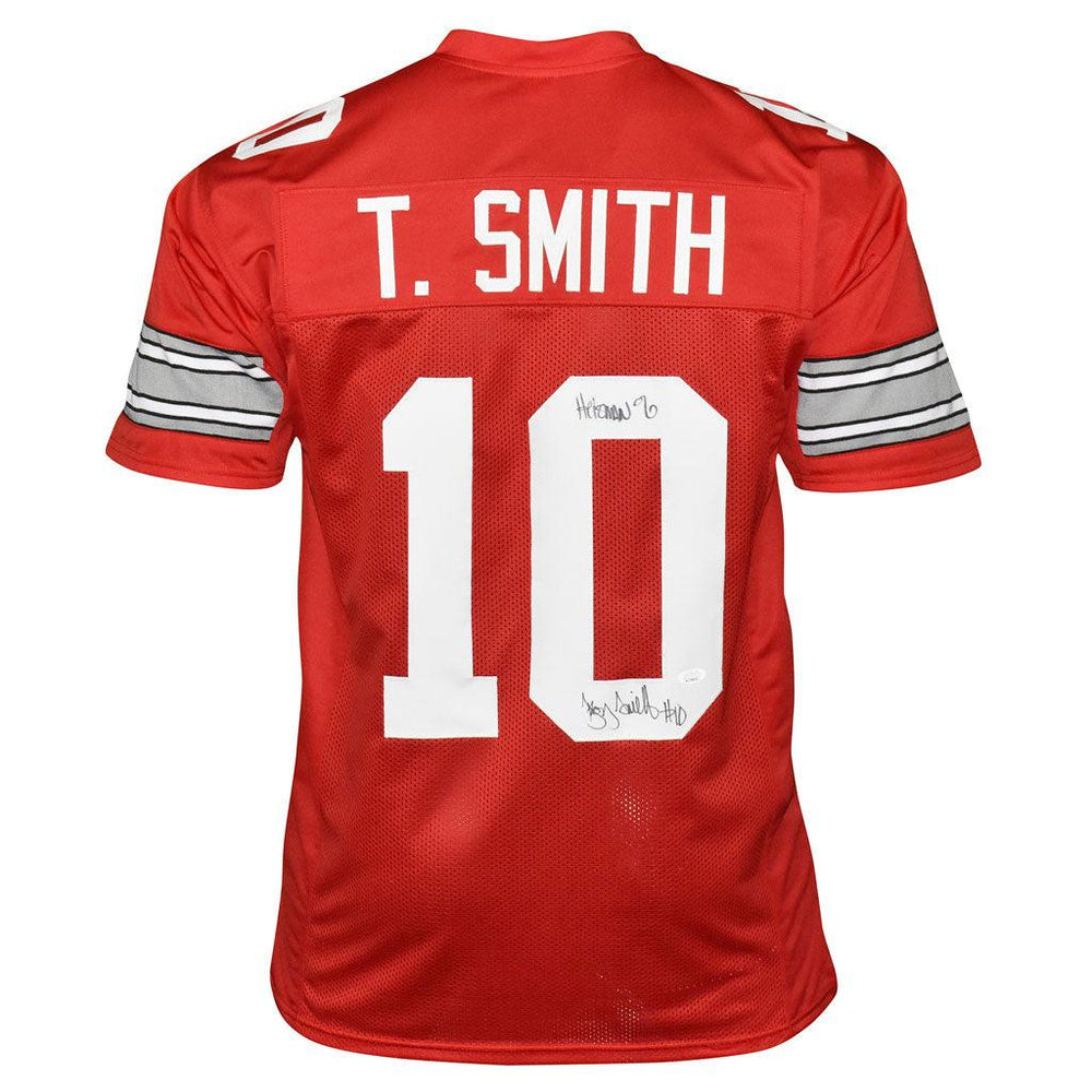 Troy Smith Signed 06 Heisman Inscription Ohio State College Red Football Jersey (JSA) - RSA