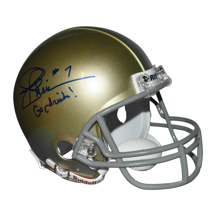 Joe Theismann Signed Go Irish Inscription Notre Dame Fighting Irish Mini Replica Football Helmet (JSA) - RSA