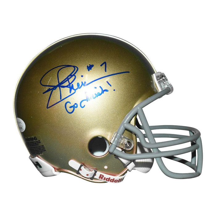 Joe Theismann Signed Go Irish Inscription Notre Dame Fighting Irish Mini Replica Football Helmet (JSA) - RSA