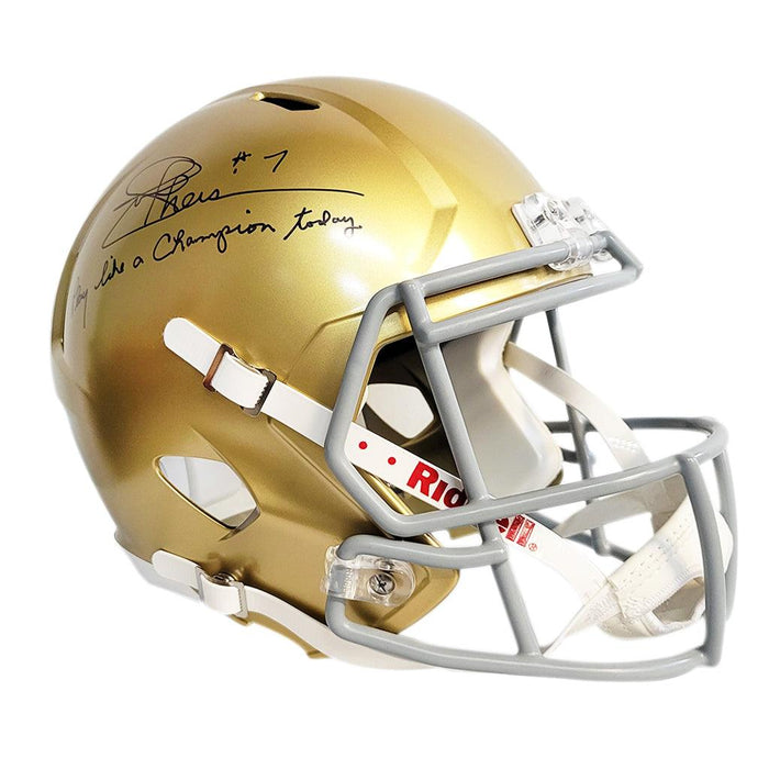 Joe Theismann Signed Play like a Champion Today! Inscription Notre Dame Fighting Irish Speed Full-Size Replica Football Helmet (JSA) - RSA