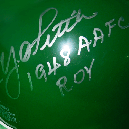 Y.A. Tittle Signed 1948 AAFC ROY in Silver Green Mini Helmet (JSA) - RSA