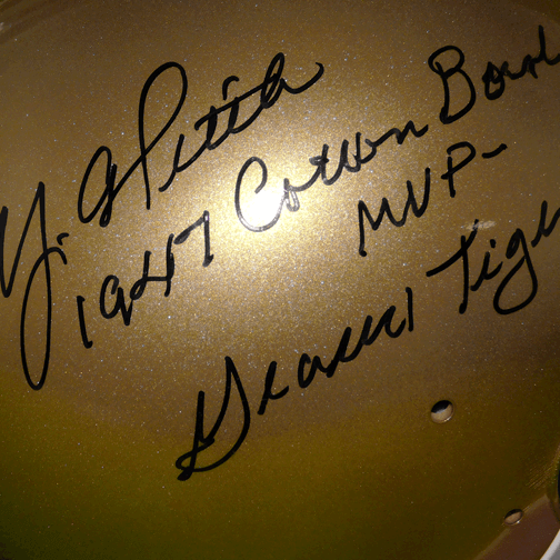 Y.A. Tittle Signed 1947 Cotton Bowl MVP Geaux Tigers Gold Mini Helmet (JSA) - RSA
