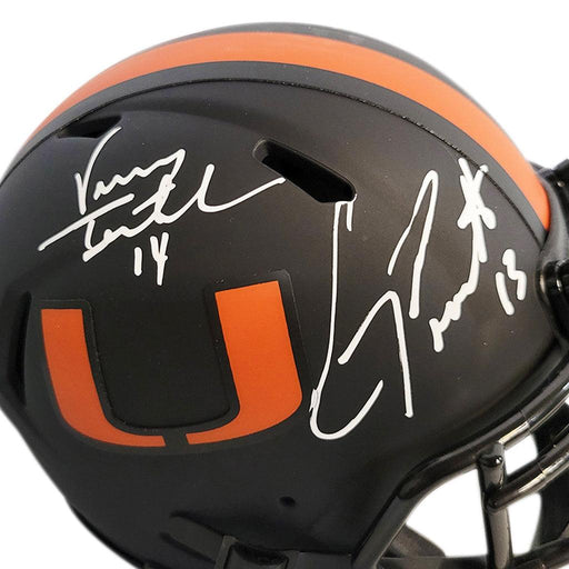 2-Signature Gino Torretta/Vinny Testaverde Signed Miami Hurricanes Eclipse Speed Mini Replica Football Helmet (Beckett) - RSA