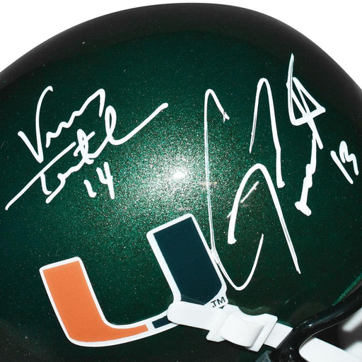 2-Signature Gino Torretta/Vinny Testaverde Signed Miami Hurricanes Green  Mini Schutt Football Helmet (JSA) - RSA