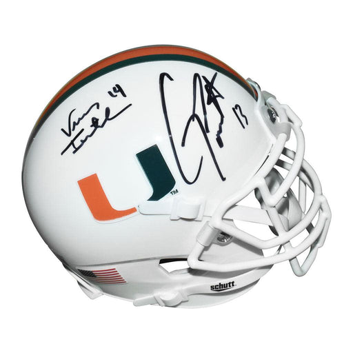 2-Signature Gino Torretta/Vinny Testaverde Signed Miami Hurricanes White  Mini Schutt Football Helmet (JSA) - RSA