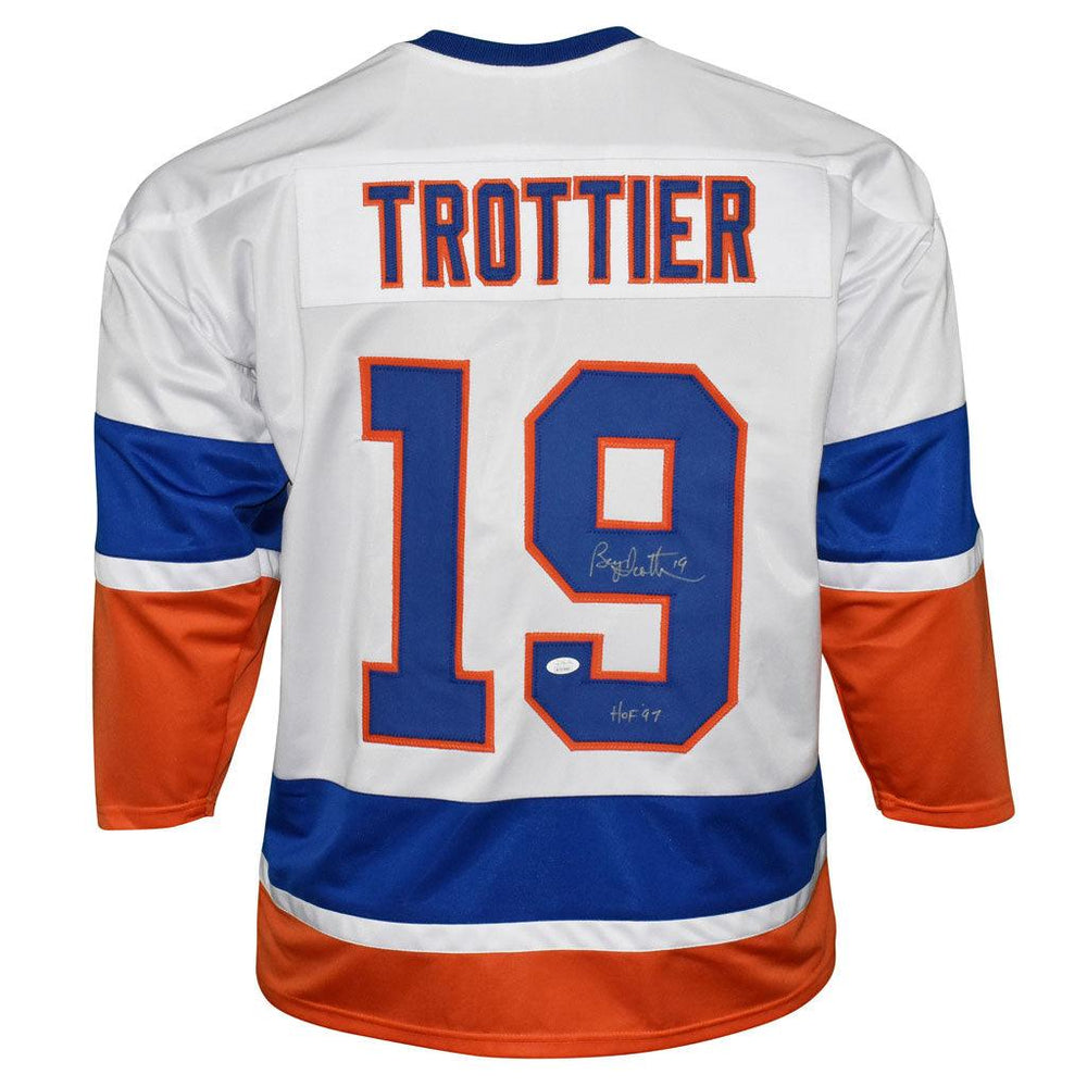Bryan Trottier Signed HOF 97 Inscription New York White Hockey Jersey (JSA) - RSA