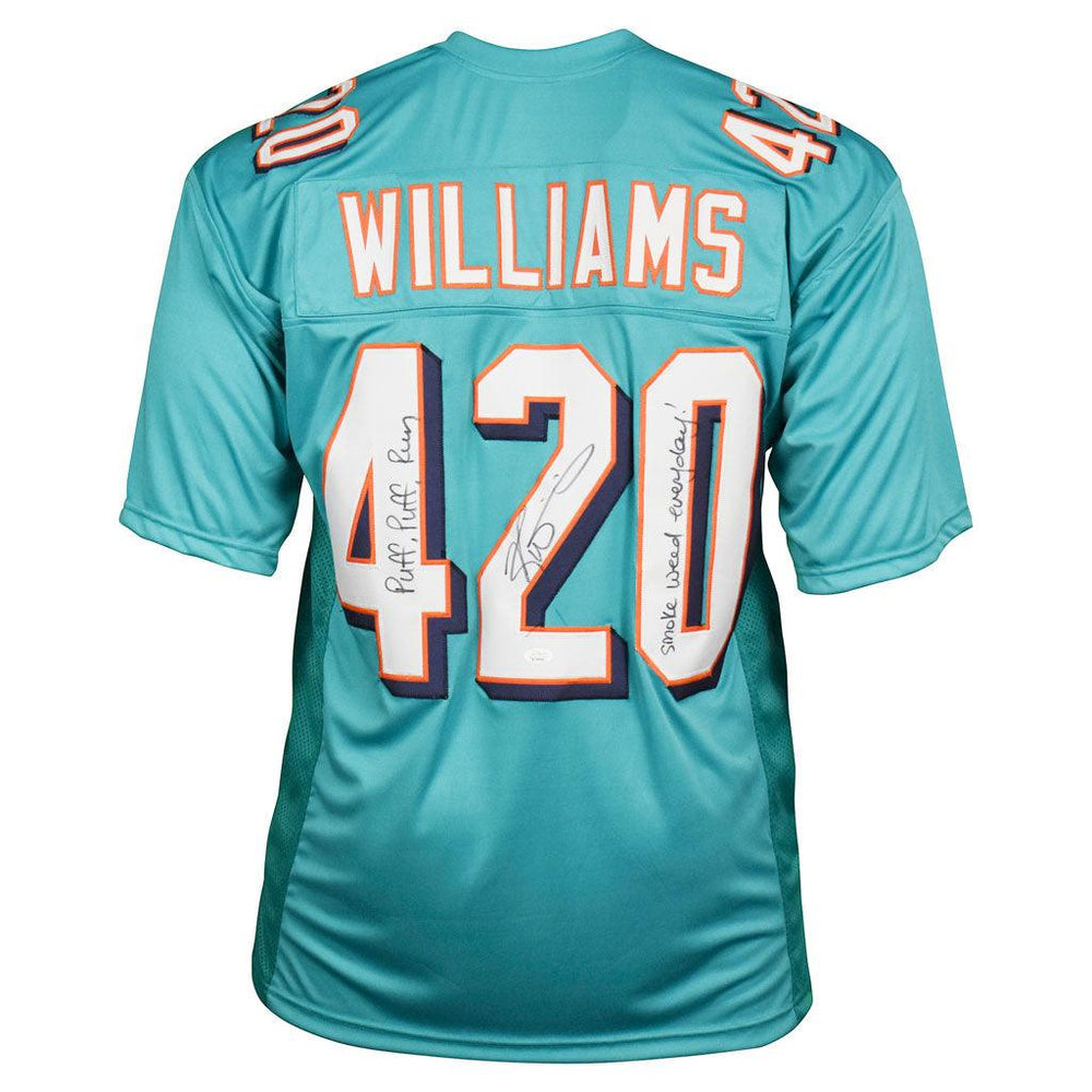 Ricky Williams Signed Puff Puff Run Smoke Weed Every Day Inscription Miami Pro Blue Football Jersey (JSA) - RSA