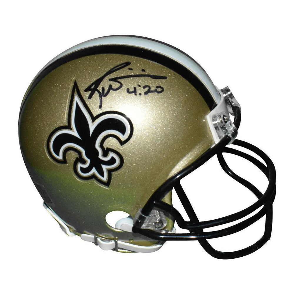 Ricky Williams Signed 420 Inscription New Orleans Saints Mini Replica Gold Football Helmet (JSA) - RSA